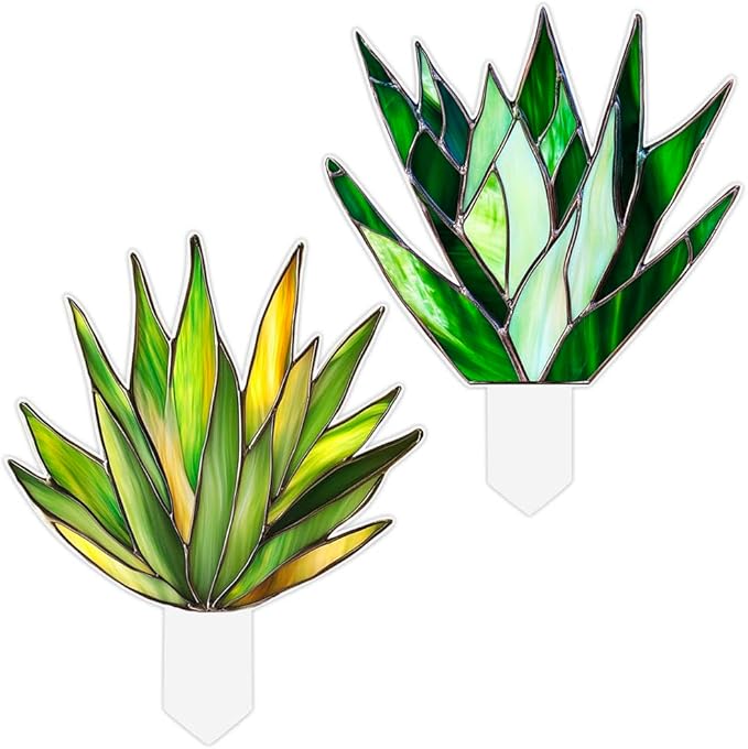 JOONOR 2 Pieces Stained Acrylic Succulent Plant Agave Planter Pot Hugger Statue Stained Sun Catcher Cute Acrylic Agave Figurines Plant Decorations for Flower Pots, Style B