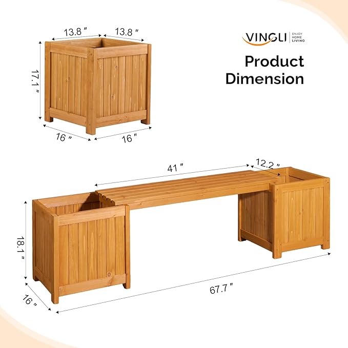 VINGLI Outdoor Wood Bench with Planter Boxes, 2-in-1 All-Weather Porch Bench Seat ＆ Open-Ended Wooden Raised Garden Bed, for Balcony Yard Patio (1 Box + 2 Boxes)