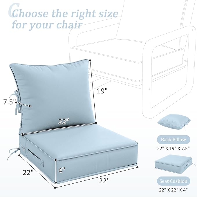 Outdoor Patio Chair Cushions Set 22 L X 22 W X 4 H Waterproof & Fade Resistant Deep Seat and Back Cushions with Removable Covers Outdoor Seat Cushion Set for Chairs and Sofas