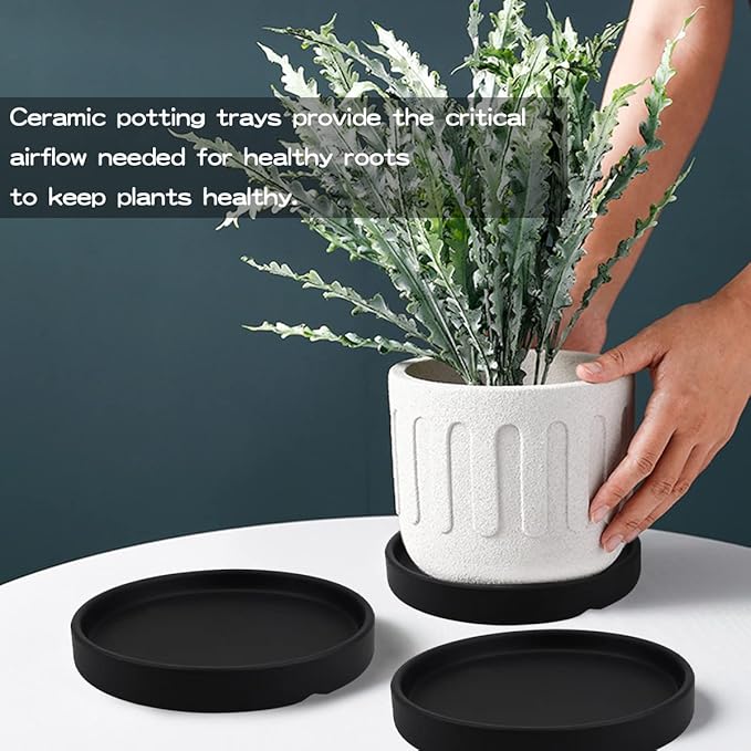 Round 4 Inch Ceramic Plant Saucer Drip Tray Set of 2 for Indoor Small Flower Pots Home Garden Outdoor Flower Plant Pot,Black Saucers