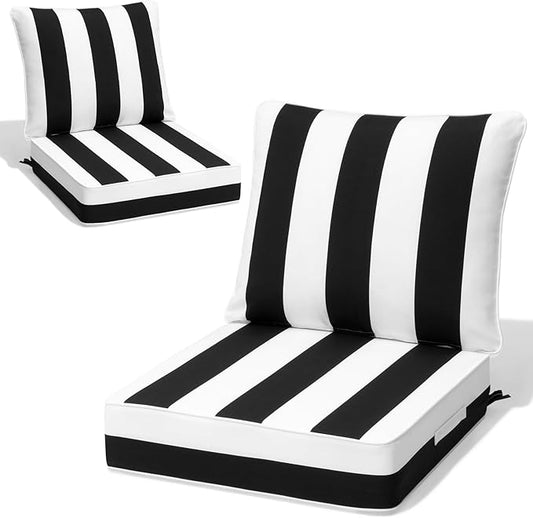 Crestlive 5.5" Outdoor Cushion for Patio Furniture Set of 2, 24 x 24, Waterproof and Fade-Resistant Deep Seat Cushions for Chair, Wicker Sofa and Couch, Black White Striped