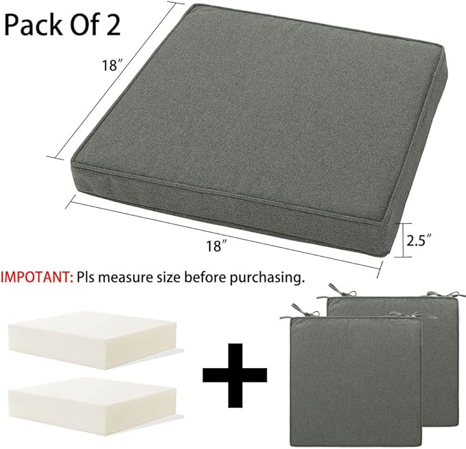 Magpie Fabrics Indoor Outdoor Waterproof Square Chair Cushion, 18" x 18" x 2.5", 2 Pack, Water Resistant Seat Cushions, for Patio Garden Office, Dark Grey