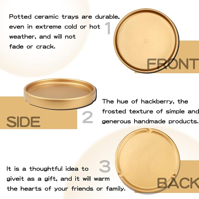 7 Inches Round Ceramic Plant Saucer Drip Tray Set of 2 for Indoor Small Flower Pots Home Garden Outdoor Flower Plant Pot,Gold Saucers