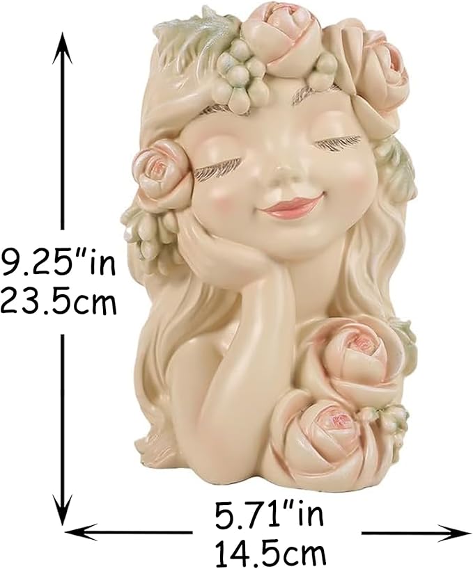 Teaeeno Decorative Garden Fairy Head Planter, Resin Flower Pot Sculpture, Pearl White with Rose Details