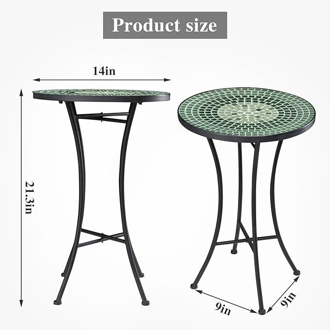 Vipush Mosaic Outdoor Side Table, 14" Round Folding Plant Stand for Patio Garden Backyard Balcony Porch Indoor Accent End Table for Living Room, Ceramic Tabletop with Black Iron, Green
