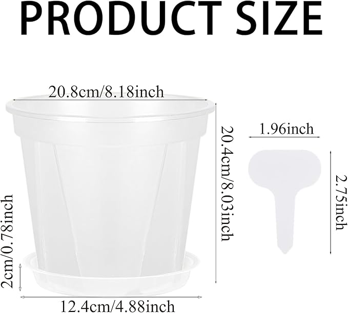 5 Sets 8 Inch Transparent Plastic Garden Pots Planter with Saucer Plant Planter Drainage Hole Plastic Pots for Plants Indoor and Out Door House Plants with 10pcs Plant Labels