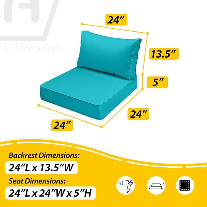 AAAAAcessories Outdoor Deep Seat Cushions, Waterproof, Fade-Resistant Patio Furniture Replacement Cushions, 24" x 24" x 5" + 24" x 13.5", Set of 4, Turquoise Blue