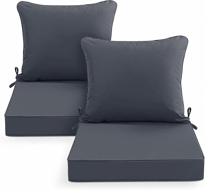 Waterproof Outdoor Cushions for Patio Furniture, Fade Resistant Backrest and Deep Seat Cushion Set with Removable Cover, 22 x 22 Inch, Dark Grey, Set of 2