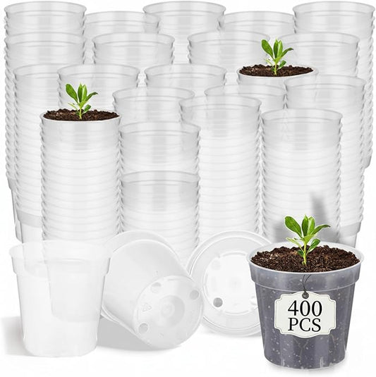 Domensi 400 Pcs 2inch Clear Nursery Pots, Mini Plastic Plant Pot Nursery Seedling Pot with Drainage Holes for Seeds Starter, Indoor Outdoor Garden Vegetables Flowers Seedlings, Gardening Gifts