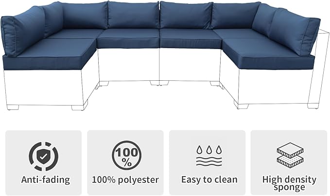 Valita Outdoor Furniture Replacement Cushions, Fits 6-seat Sectional Rattan Conversation Set, 14 Piece Patio Water-Resistant Replacement Sofa Cushions, Liner&Cover (Navy Blue)