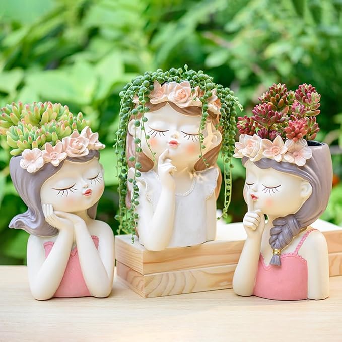 Adorable Fairy Girl face Succulent Pot with Drainage Hole, Resin Head Planter Pot for Indoor Plants, Decorative Flower vase,Gifts Idea for Lady (Medium-Tranquility)