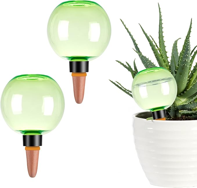 2 Pack Self Watering Globes 17oz Large Plant Watering Globes Top Fill, Self Water Planter Insert Indoor/Outdoor Plastic Water Bulbs Slow Release Terracotta for Plants, Green