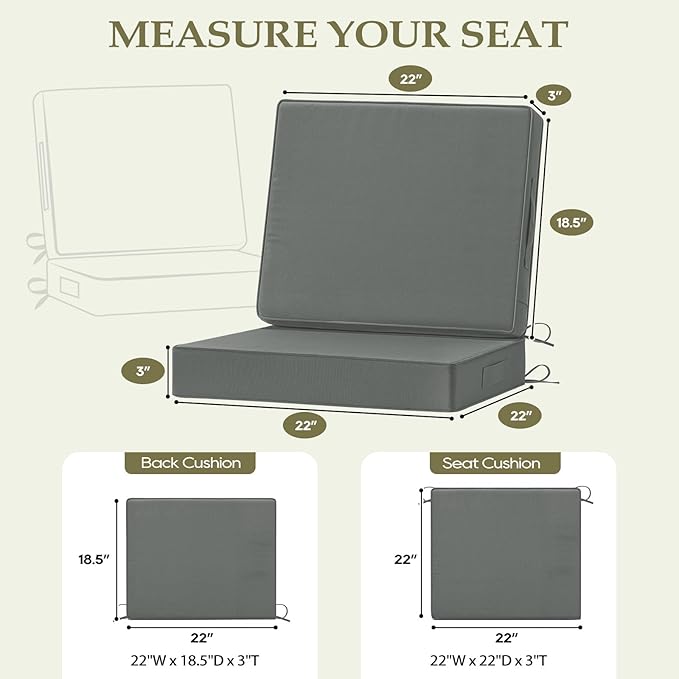 Wellsin Outdoor Cushions for Patio Furniture, Waterproof Outdoor Seat Cushions with Ties and Handle, 22X22 Outdoor Cushions, Outdoor Deep Seat Cushions with Removable Cover, Dark Gray