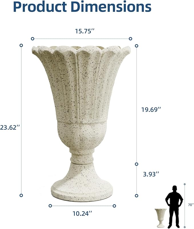 Heavy-Duty 23.6" Tall Urns Planters for Outdoor Plants - Set of 2 Water Storage Base Large Outdoor Planter for Porch, Sandblasting Process Indoor Flower Pots for Home Decor/Garden Vase, Beige