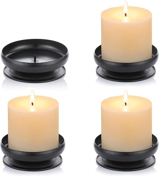Pcs of 4 Spike Candle Holder Iron Candle Plate Pillar Candle Holder, Black, Decorative Iron Pillar Candle Plate, 3.6" Diameter Pedestal Candle Stand for LED & Wax Candles, Incense Cones, Spa, Weddings