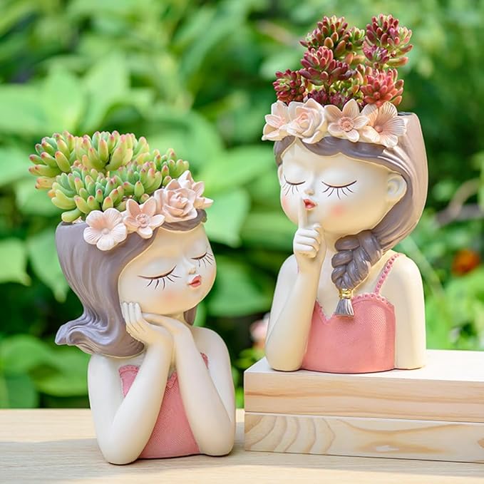 Adorable Fairy Girl face Succulent Pot with Drainage Hole, Resin Head Planter Pot for Indoor Plants, Decorative Flower vase,Gifts Idea for Lady (Medium-Tranquility)