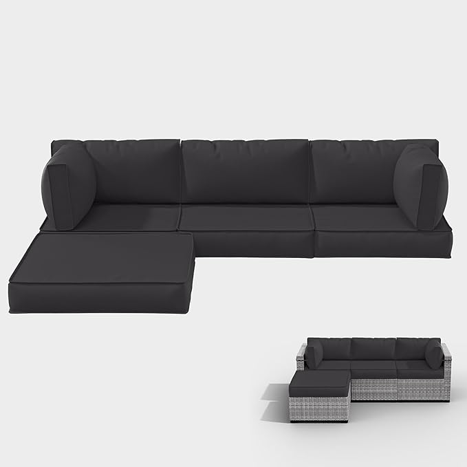 Outdoor Cushions for Patio Furniture with 5 Pillows, Waterproof Patio Furniture Cushions Replacement, 4" Deep Seat Outdoor Sectional Cushions for 4-seat Patio Furniture Chair Sofa Couch,Grey