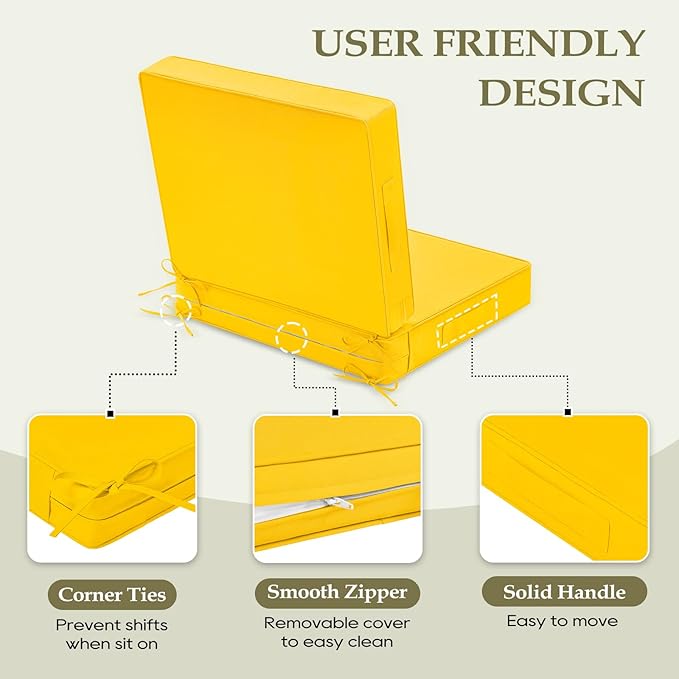 Wellsin Outdoor Cushions for Patio Furniture, Waterproof Outdoor Seat Cushions with Ties and Handle, Outdoor Cushions 24 X 24, Outdoor Deep Seat Cushions with Removable Cover, Yellow