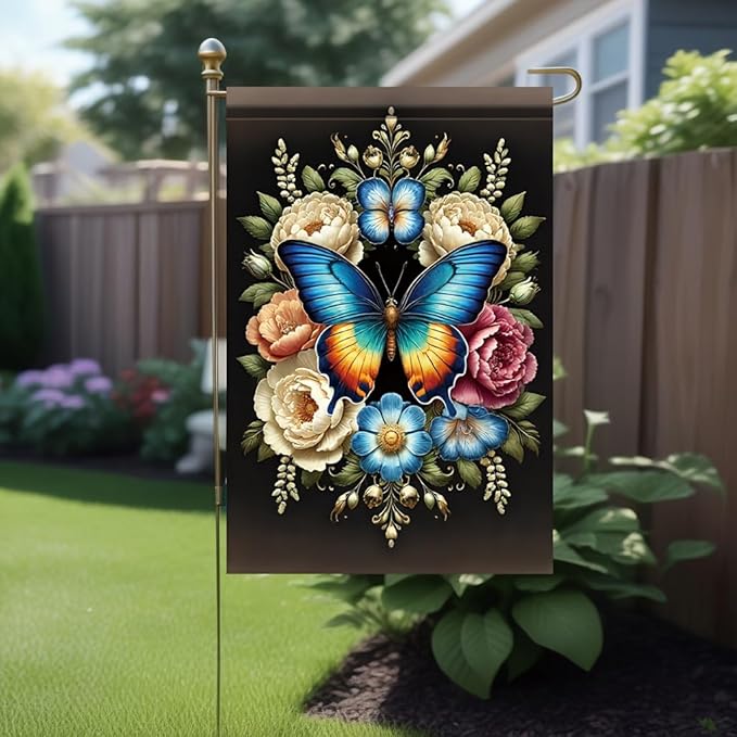 Blue Butterfly Garden Flag 12x18 Inch Double Sided Outdoor Yard Banner Colorful Floral Butterfly Design for Spring Summer Porch Patio Lawn Garden