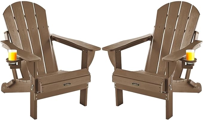 Ciokea Folding Adirondack Chairs Set of 2, Patio Adirondack Chair Weather Resistant, Plastic Fire Pit Chair with Cup Holder, Lawn Chair for Outdoor Porch Garden Backyard Deck, Brown