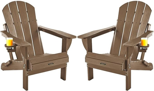 Ciokea Folding Adirondack Chairs Set of 2, Patio Adirondack Chair Weather Resistant, Plastic Fire Pit Chair with Cup Holder, Lawn Chair for Outdoor Porch Garden Backyard Deck, Brown