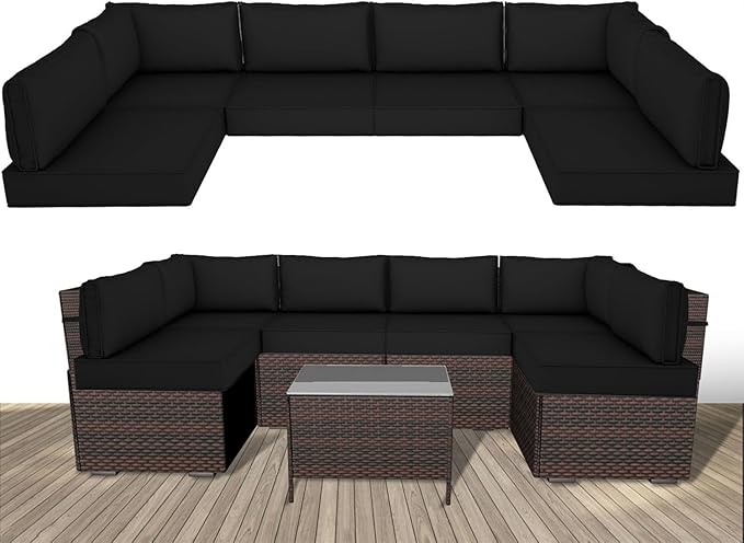 Outdoor Replacement Cushions for Patio Furniture,14-Piece Patio Water-Resistant Replacement Sofa Cushions,Fits 6-seat Sectional Rattan Conversation Set,Liner&Cover Patio Furniture Cushions (Black)