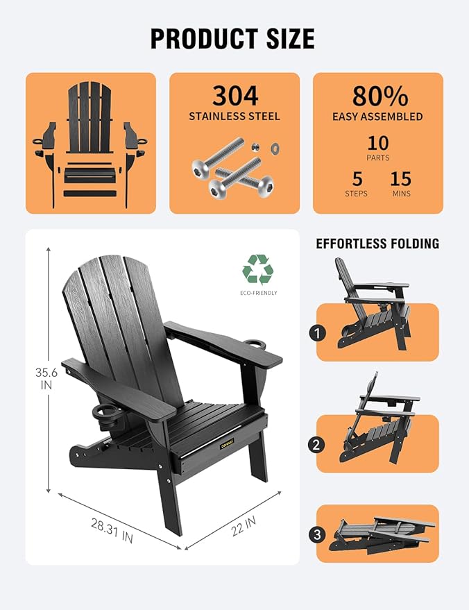 Folding Adirondack Chair, Wooden Textured Plastic Adirondack Chairs with 2 Cup Holder, Weather Resistant HDPE Fire Pit Chair, Outdoor Patio Chairs for Garden, Backyard, Lawn, Deck, 380LBS, Black
