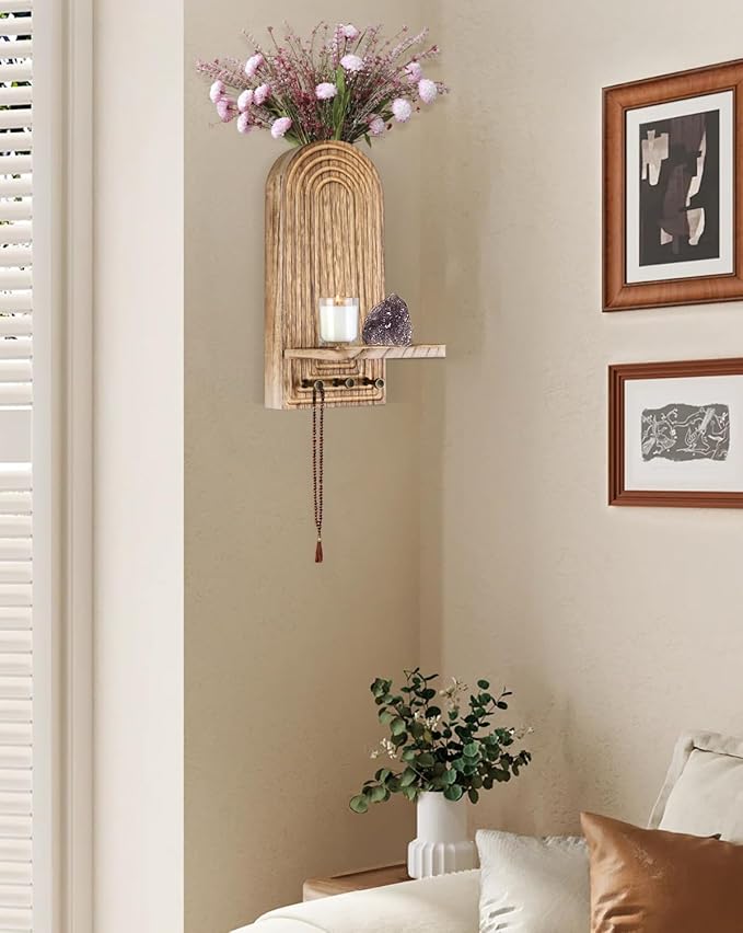 3-in-1 Wooden Wall Organizer - Planter Vase + Candle Sconces + Hooks (No Dried Flower)- Farmhouse Hanging Decor Boho Wall Art for Indoor Plants Artificial Eucalyptus for Living Room Bedroom Nature