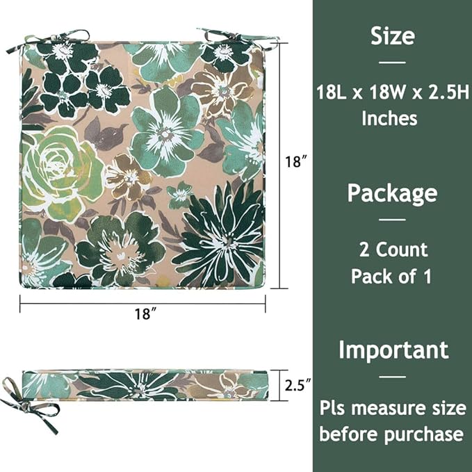 Magpie Fabrics Square Corner Seat Cushion, 18" x 18" x 2.5", 2 Pack, Indoor/Outdoor Waterproof Weather Resistant Universal Chair Pads for Patio Garden Dining - Green Floral