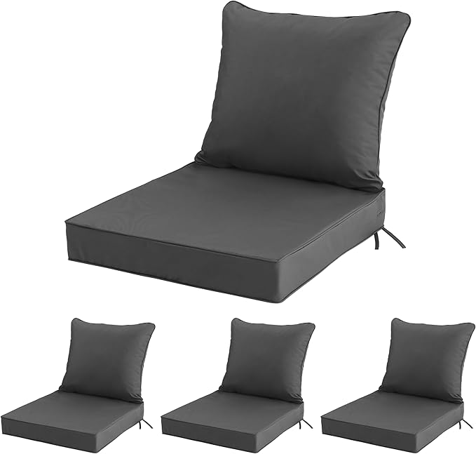 24x24 Inch Outdoor Chair Cushions Set of 4, Patio Furniture Cushions - Removable Cover, Water-Repellent, Fade-Resistant, Non-Slip Bottom & Straps, Replacement for Deep Seat Sofa & Couch - Dark Grey