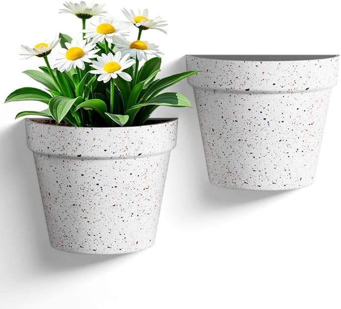 2 Pack Plastic Wall Planter for Indoor Plants, 7.5 Inch Hanging Wall Planter Pots, Wall Mounted Succulent Planters (Speckled White)