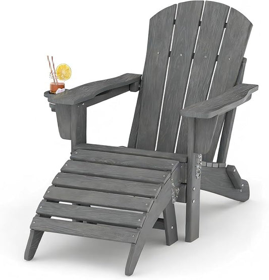 Folding Adirondack Chair Set of 2 with Ottoman, All-Weather HDPE Outdoor Chair, Wooden Textured with Cup Holder for patios, Decks, Gardens, fire pits, Grey