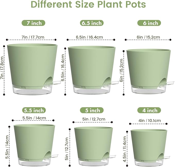 Self Watering Pots Pack of 6 – Different Size 4" to 7" Indoor Plant Pots with Drainage Holes and Clear Reservoir for Visible Water Level, Plastic Wicking Planters for House Plants, Green