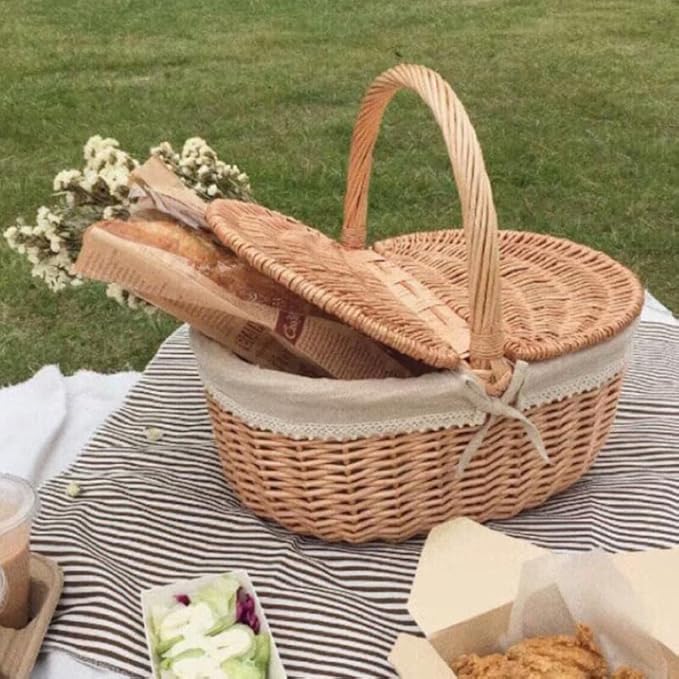 Large Wicker Picnic Basket with Lid and Handle, Sturdy Woven Picnic Basket with Liner, Fruit Bread Storage for Outdoor Camping, Easter Party, Garden Picking