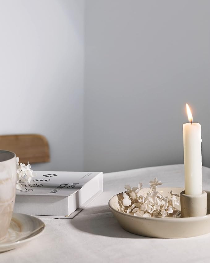 DN DECONATION Ceramic Candle Holder, Boho Candlestick Holder with Round Plate for Taper Candles, Unique Farmhouse Porcelain Candle Stick Holder for Meditation/Yoga Room Home Wedding Decor(Gray)