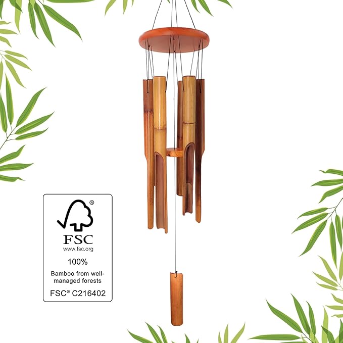 Bamboo Wind Chimes Outdoor,Wooden Wind Chimes for Outside with Melody Deep Tone,38" Classic Zen Garden Windchime for Relaxation, Grace.Home Décor for Patio, Garden or Indoor(FSC Certified)