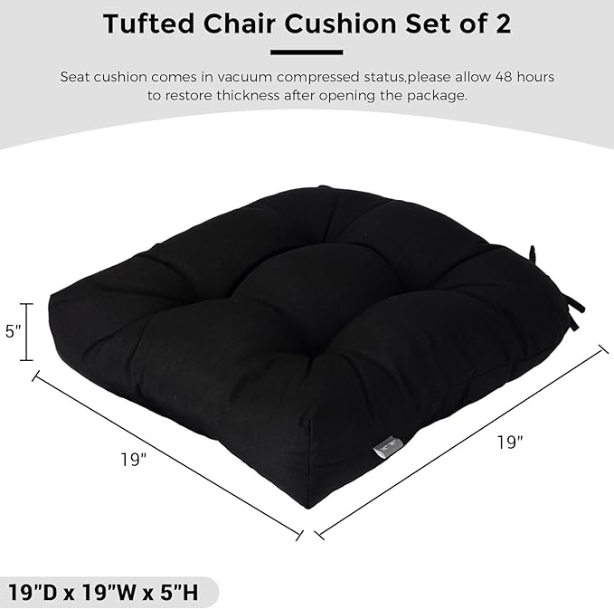 Outdoor Chair Cushions 19 x19 Inch,Water Resistant Tufted Seat Cushions 19",Reversible,Weather Resistant,Rounded Back Wicker Chair Cushion for Patio Garden Furniture(Black)