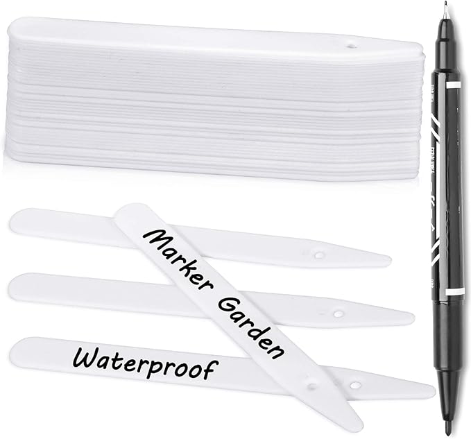 Whaline 200Pcs Thick Plastic Plant Labels with Hole White Waterproof Garden Stake Tag Signs for Greenhouse Garden Seedlings Flowers Spotted Plants with 2 Marker Pen and A Roll of Twine (12.5 CM)