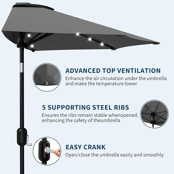 Garvee Patio Umbrella 9FT - Half Umbrella Outdoor with Solar LED Lights and Smooth Crank Lift, Outdoor Shade Canopy for Patio, Backyard, Garden, Deck, Balcony -Gray