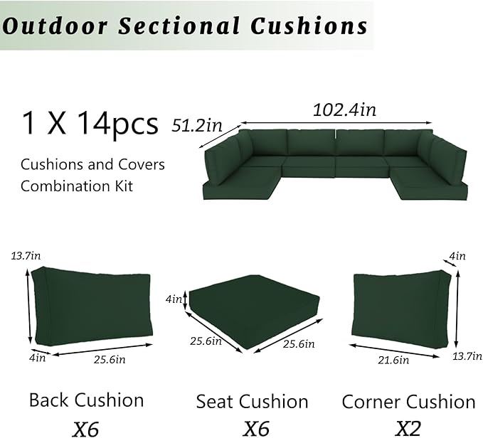 Outdoor Sectional Cushions Replacement Set, 26x26in Patio Furniture Cushions, 14 Pieces Waterproof Outdoor Couch Cushion for 6 Seat Wicker Conversation (Dark Green)