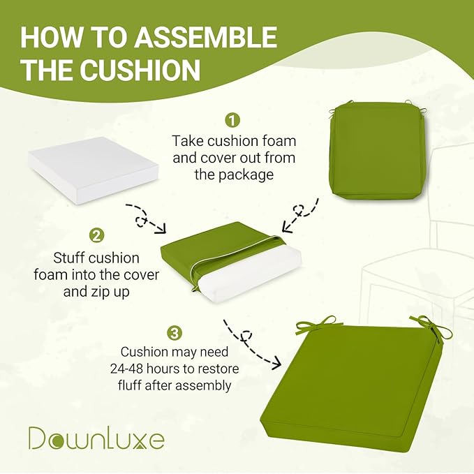 downluxe Waterproof Outdoor Chair Cushions Set of 4, 19" x 19" x 3" Patio Chair Cushion with Non-Slip Ties & Handle, Square Outdoor Cushion for Patio Furniture with Removable Cover, Grass Green