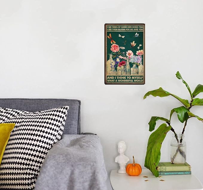 EMOHAT Garden Metal Signs I See Trees Of Green Red Roses Too Dragonfly What A Wonderful World Flower Vase Vintage Metal Sign Retro For Garden Courtyard Cafe Farm Room 8x12 Inches