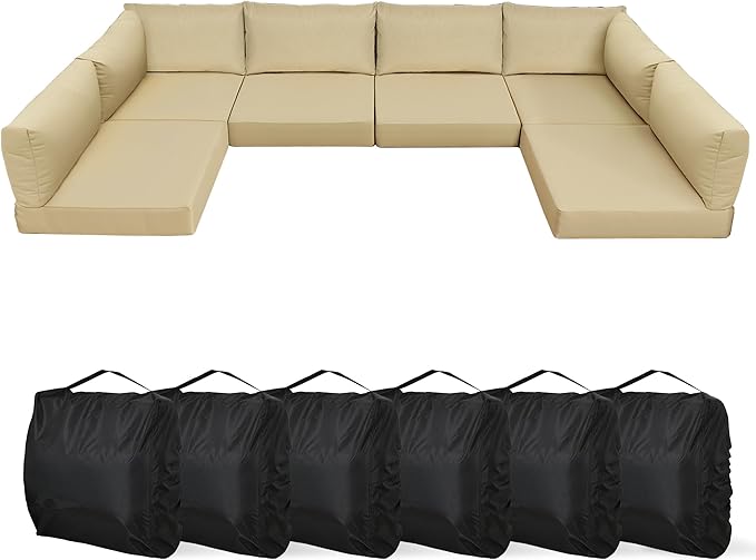 YEFU Outdoor Cushions for Patio Furniture: Replacement Cushions for Outdoor Furniture - Waterproof Couch Cushion - Fade-Resistant/Easy Clean - 14 Piece Sectional Cushion - Non-Slip/Storage Bag/Beige