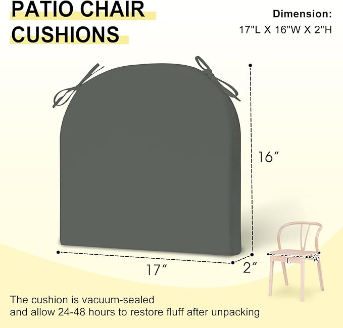 downluxe Outdoor Chair Cushions Set of 6 for Patio Furniture, Water-Resistant Patio Chair Cushions with Ties, High Density Foam Outdoor Seat Cushion, 17" X 16" X 2", Dark Grey
