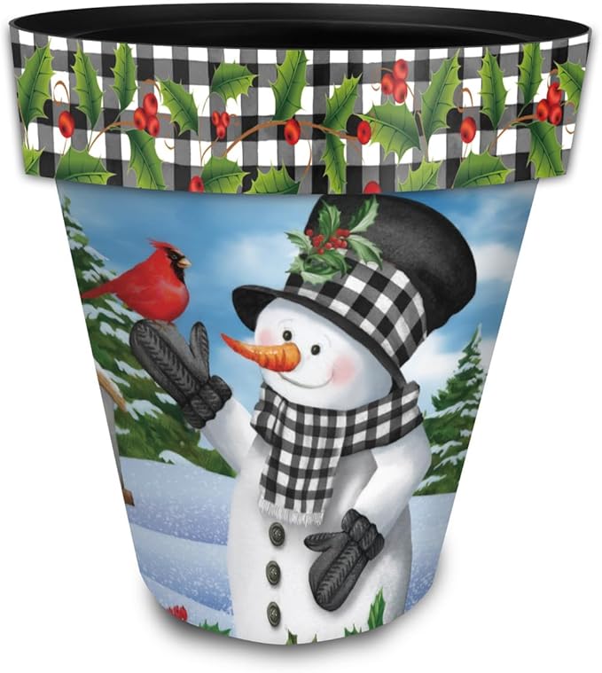 Briarwood Lane Winter Planter 14" x 15" x 15" Checkered Snowman Large for Winter Planter