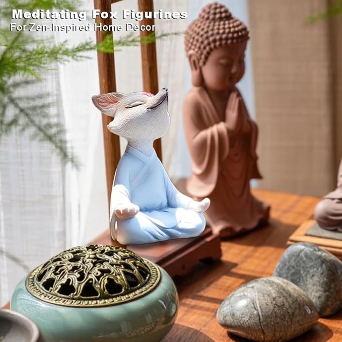 Meditating Buddha Fox Statue Resin Zen Animal Sculpture Yoga Figurines Indoor Outdoor Fengshui Decor for Patio Garden Yard Lawn Tabletop Planter Ponds Pot Bookshelf Ornaments Gifts White
