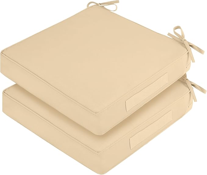 Waterproof Outdoor Chair Cushions Set of 2, Square Outdoor Seat Cushions with Ties and Removable Covers, 24 x 24 Outdoor Cushions for Patio Furniture with Portable Handle(Beige)