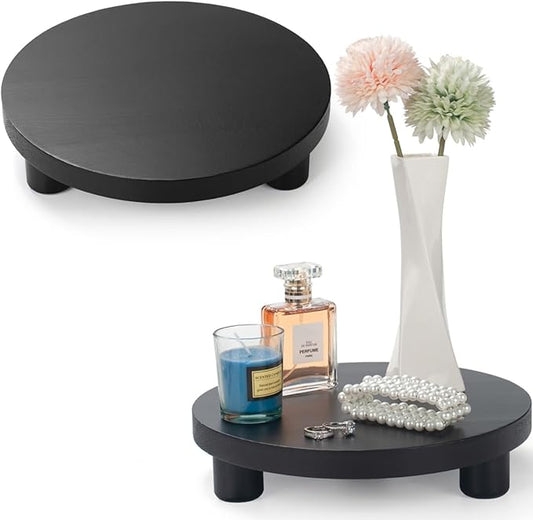 Wood Riser for Decor, 2 Pack Wood Pedestal Stand for Display, Round Wooden Tray for Kitchen Counter, Wooden Pedestal Stand for Plant Pot Indoor (Round - Black)