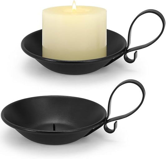 Matte Black Iron Candle Holder with Handle, 2pcs Iron Pillar Candle Holders with Safety Spike for Pillar/Ball Candles, Table Centerpiece Decoration
