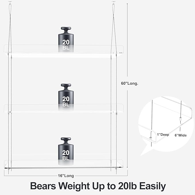 3-Tier Hanging Clear Plant Shelves for Windows, Acrylic Window Wall Plant Stand Shelf for Kitchen Indoor Gardens, Flower, Herb, Seedling Organization, and Pots Display, 16 Inch per Tier | for Windows, Window Wall, for Kitchen, Indoor Gardens, Flower, S...